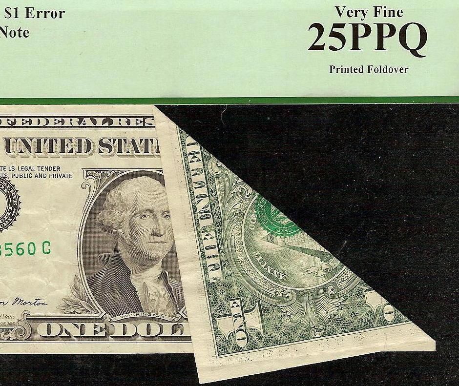 UNIQUE ERROR FOLD RIGHT ON SEAL 1977 $1 PRINTED FOLDOVER PCGS25