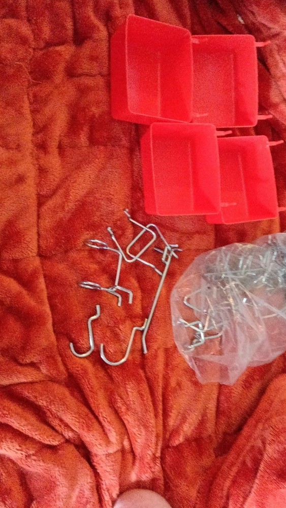 Metal Pegboard Hooks with Red Plastic Bins Set