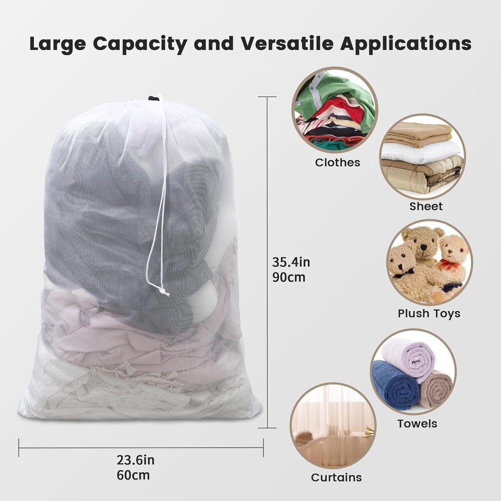 2x Extra Large Drawstring Laundry Bag Solid Mesh Material Mesh Laundry Bag White