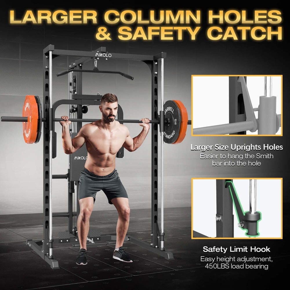 Smith Machine Home Gym Power Rack Pec Deck Lat Pull down w/Bar, Low Row Cable