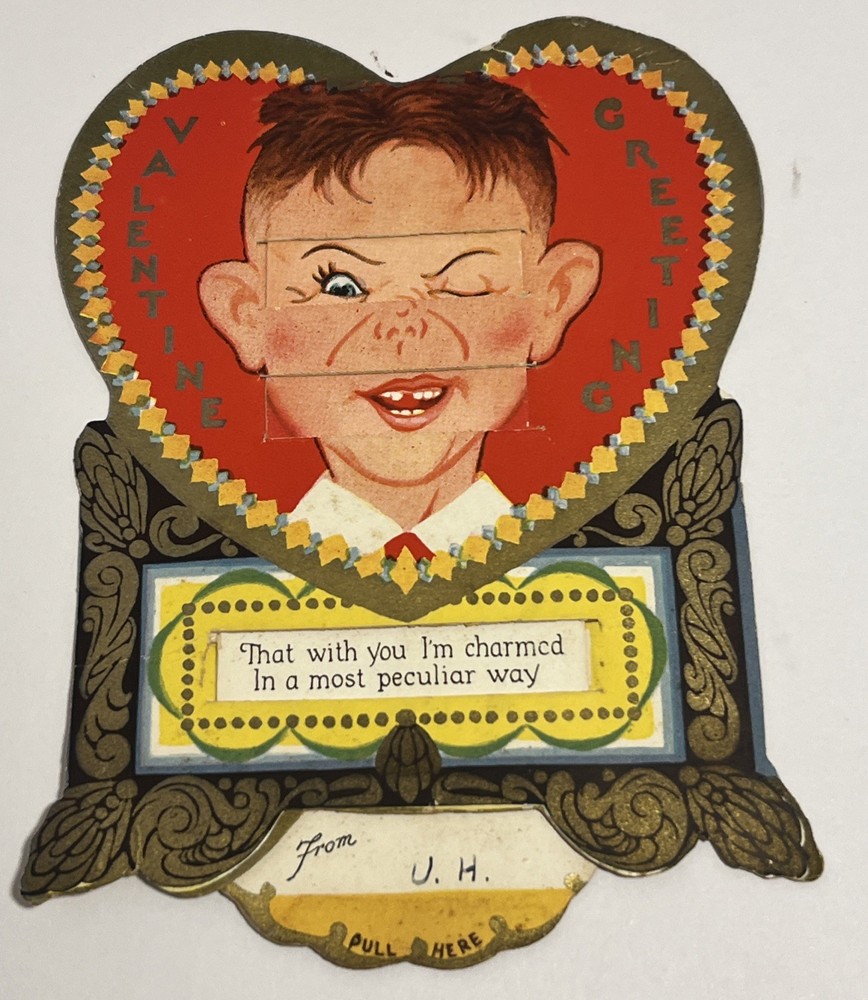 Vintage MCM Mechanical Pull Here VALENTINE Boy's Face Changes To Smile ❤️❤️