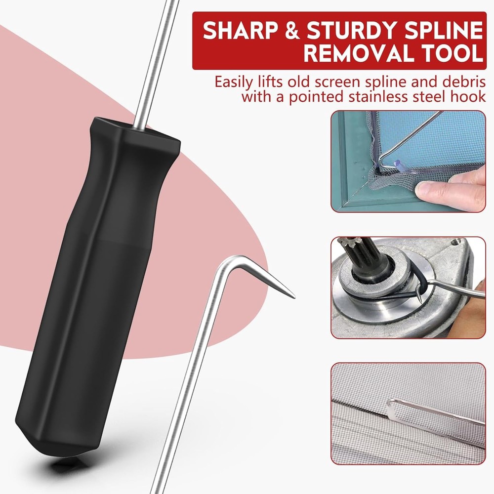 Window Screen Roller Tool Set with Spline Removal Hook 2-Piece Screen