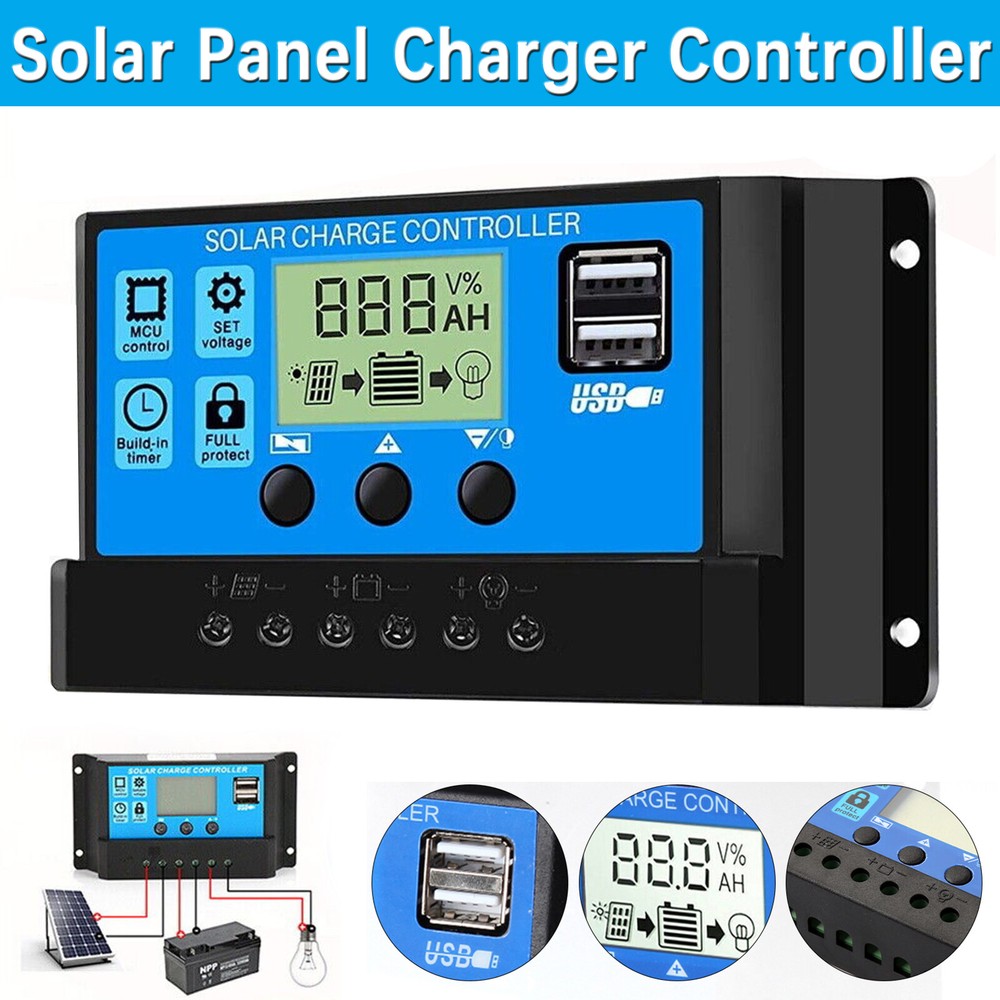 12/24V LCD Regulator Auto 30A Solar Panel Charger Controller PWM Dual USB Charge