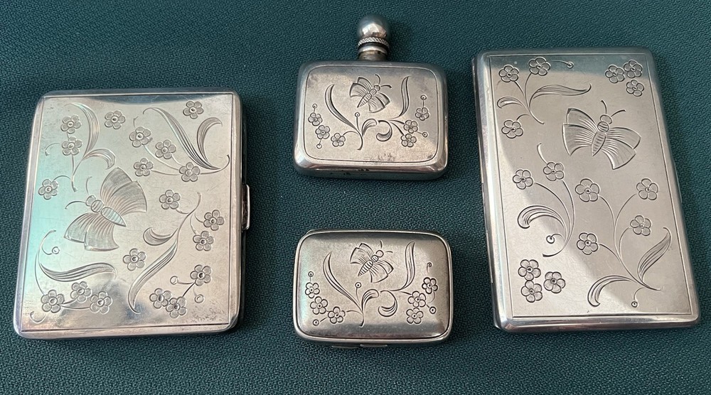 FABULOUS 835 SILVER 4 PIECE ETCHED CIGARETTE CASE COMPACT PERFUME PILL BOX SET