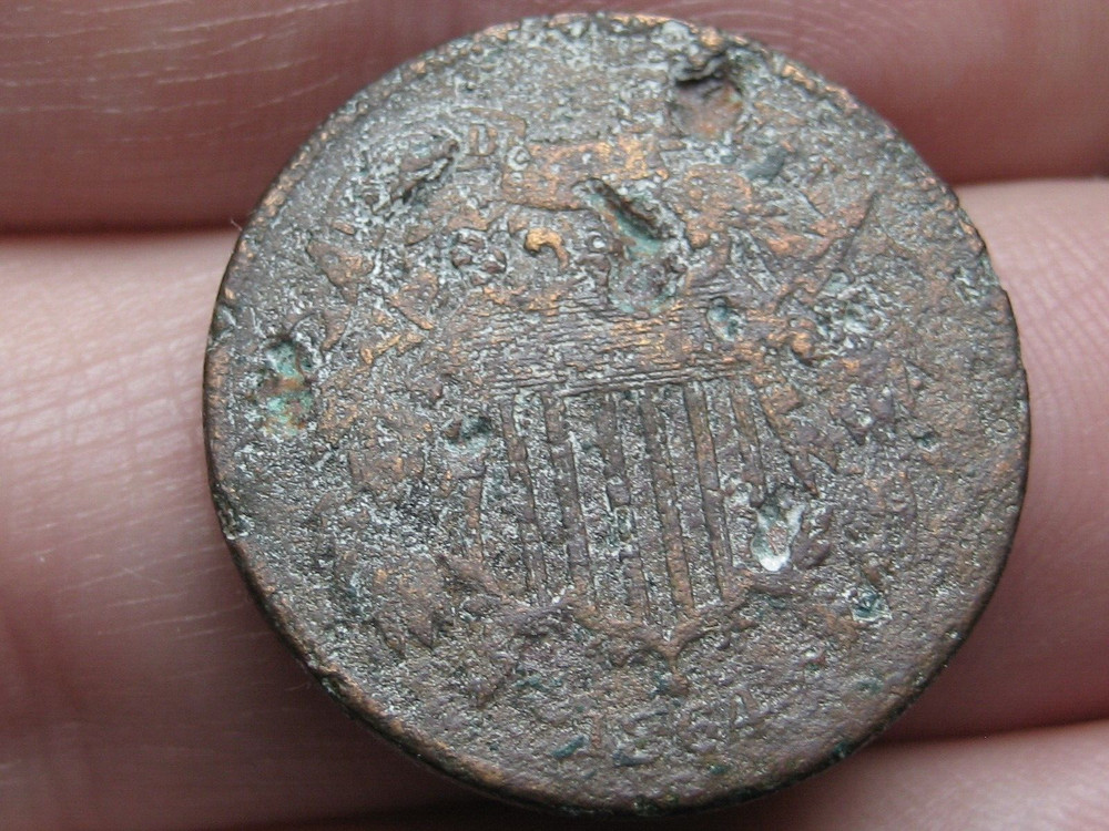 1864 Two 2 Cent Piece- Large Motto, Shipwreck Effect