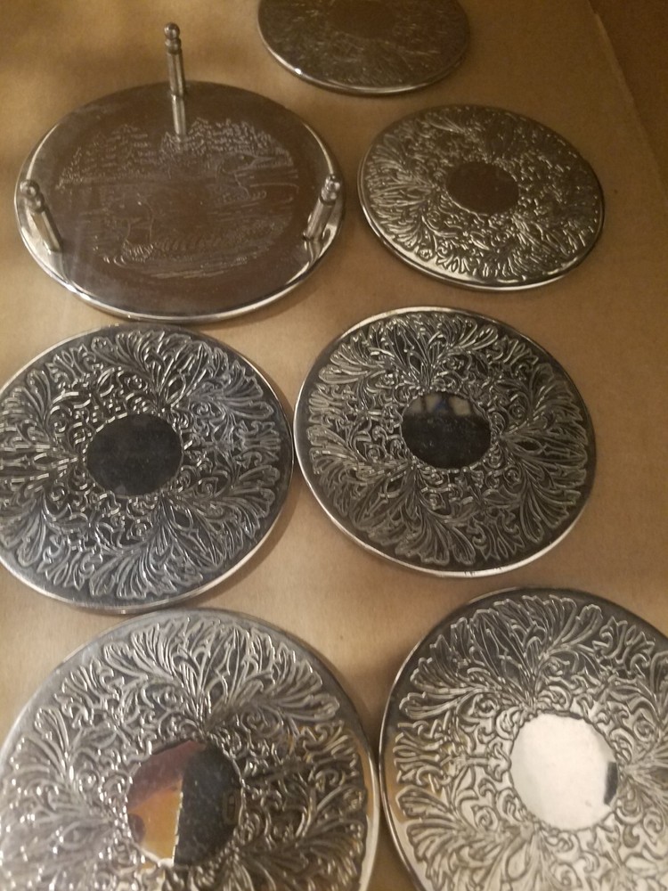 Coasters Silver Plated Coasters Set of 6 w/Caddy