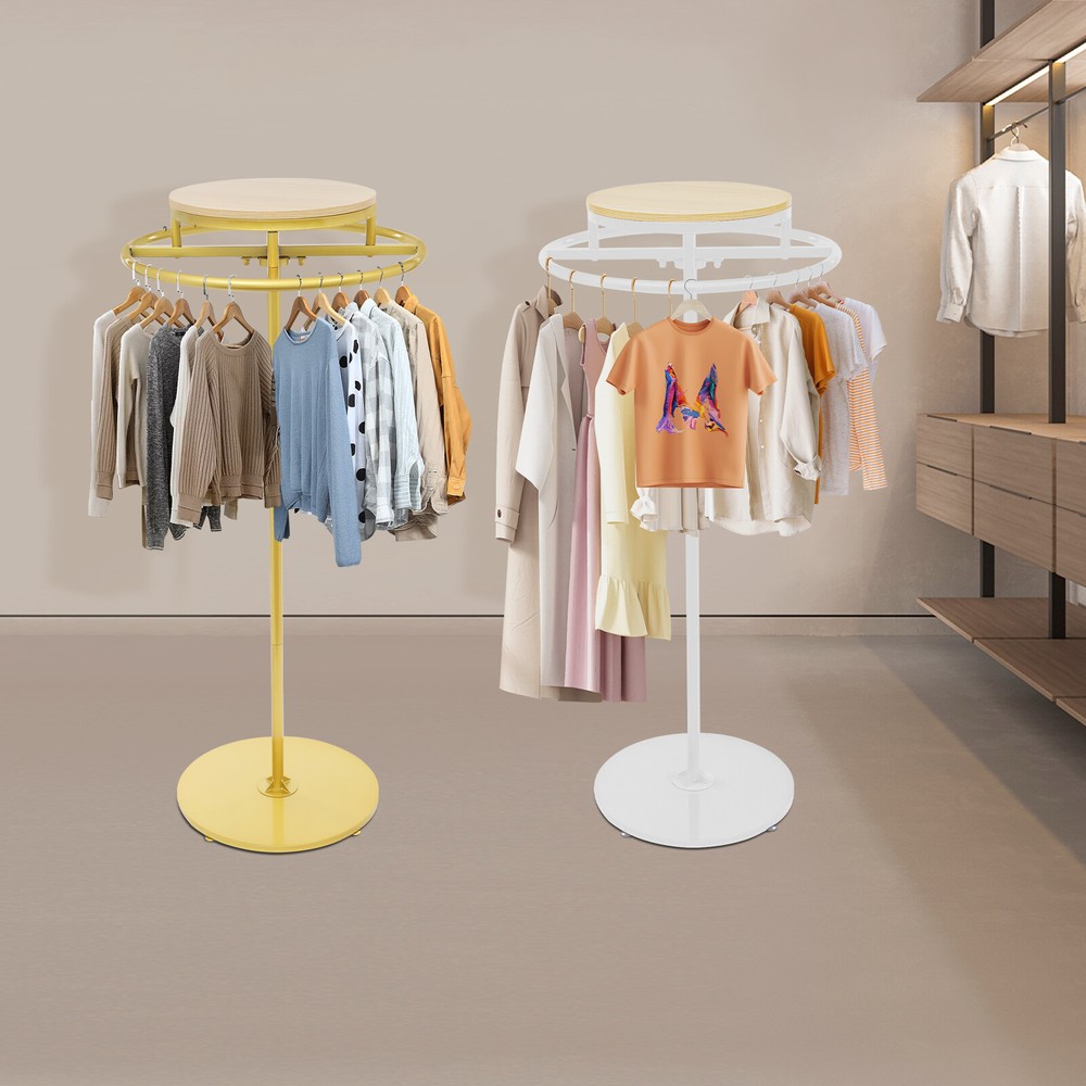 Round Clothing Rack Clothes Display Rack 360° Rotatable Garment Rack Iron&Wood