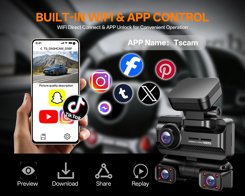 360° 4K 1080P 4CH WiFi Car Dash Cam Front & Rear & Inside Camera Loop Recording