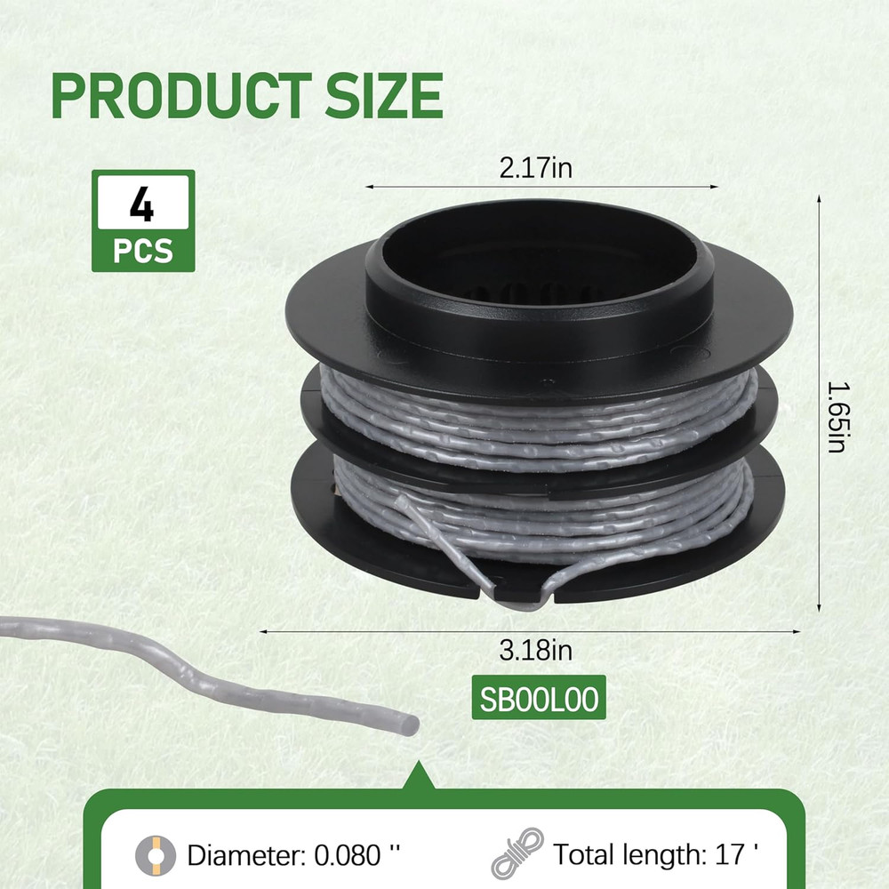 4 Pack 17Ft .080" SB00L00 String Trimmer Replacement Spool for Greenworks ST60V