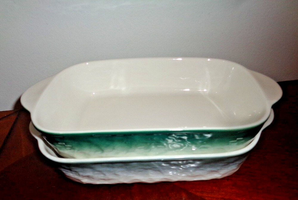 Set of 2 Green & Gray Ceramic Rectangular Baking Roasting Stackable Pan 9X5.5X1"