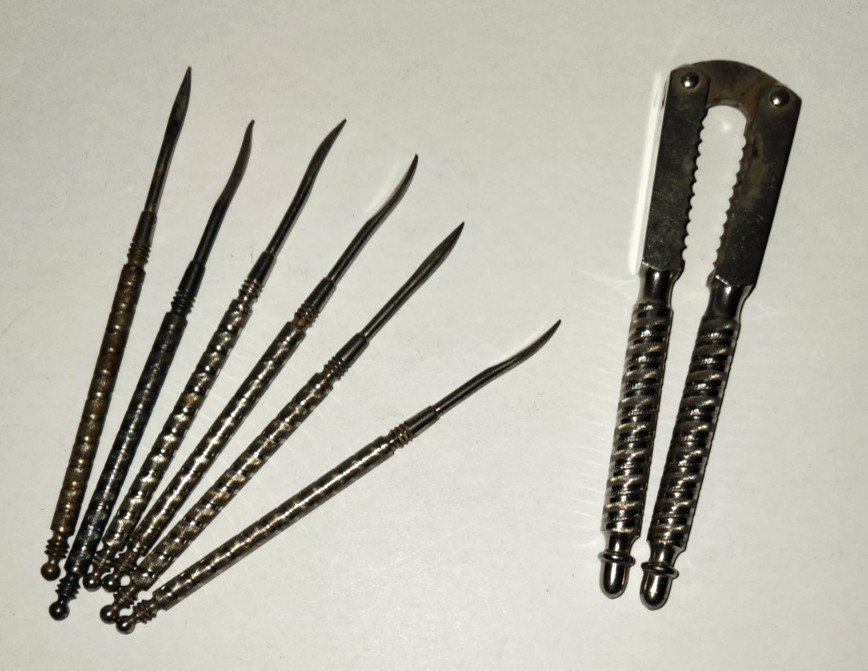 Vintage 1950’s 2 Metal Nutcracker and Picks Sets (10 Pieces) - Nuts & Shellfish