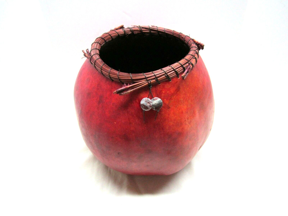 Vintage Gourd Art Hand Painted Pine Needle Rim