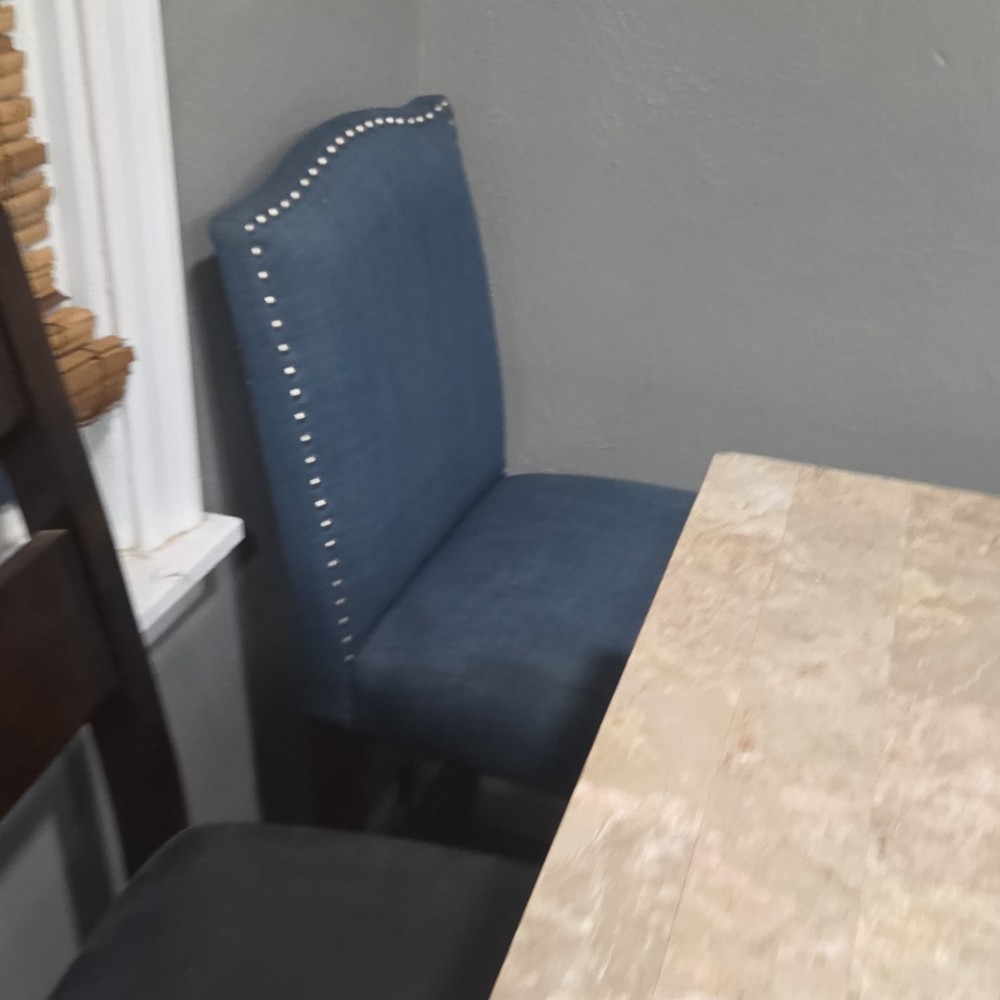 Rectangular Marbled Stone Dining Table Set with 4 Mixed Color Chairs, Dark Wood