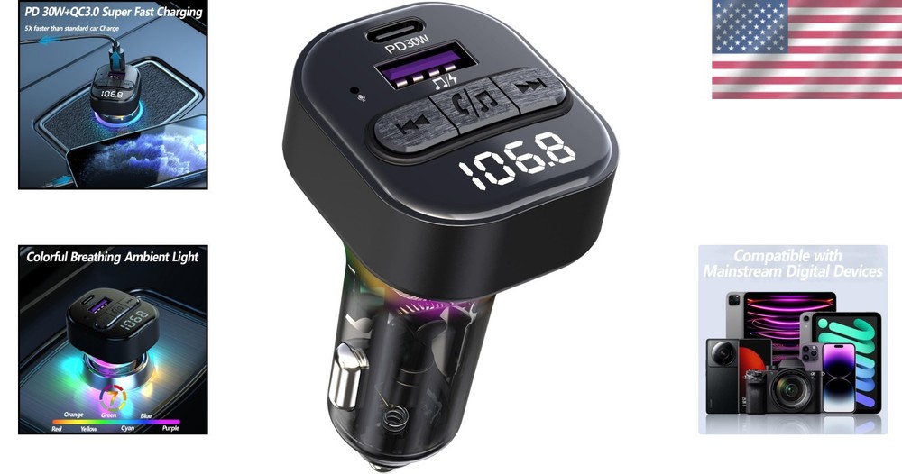 Car Bluetooth FM Transmitter with Rapid Charge & Hands-Free Mic - Effortless Use