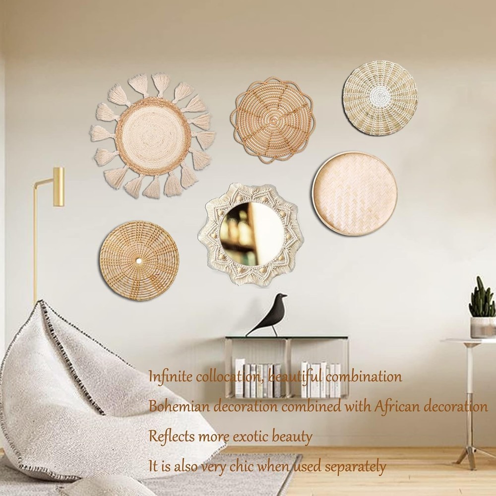 Boho Wall Basket Decor Set - Flat Woven Macrame Tapestry, Mirror White Round Tas