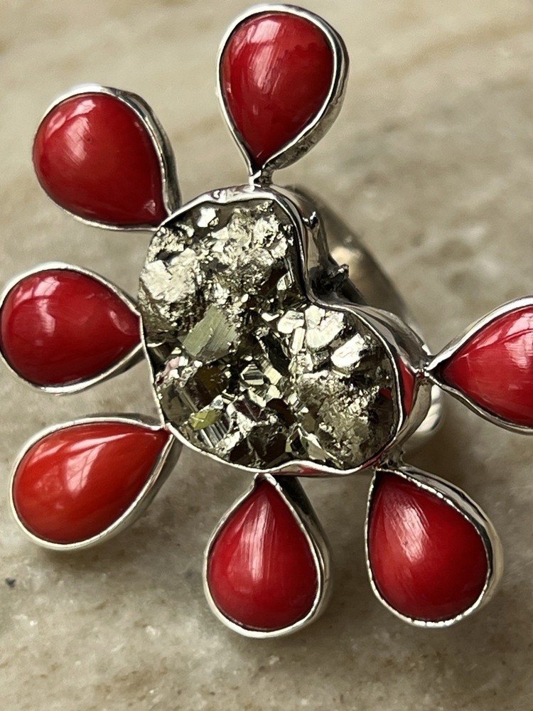Pyrite & Red Coral Ring 925 Sterling Silver Adjustable Artisan Statement