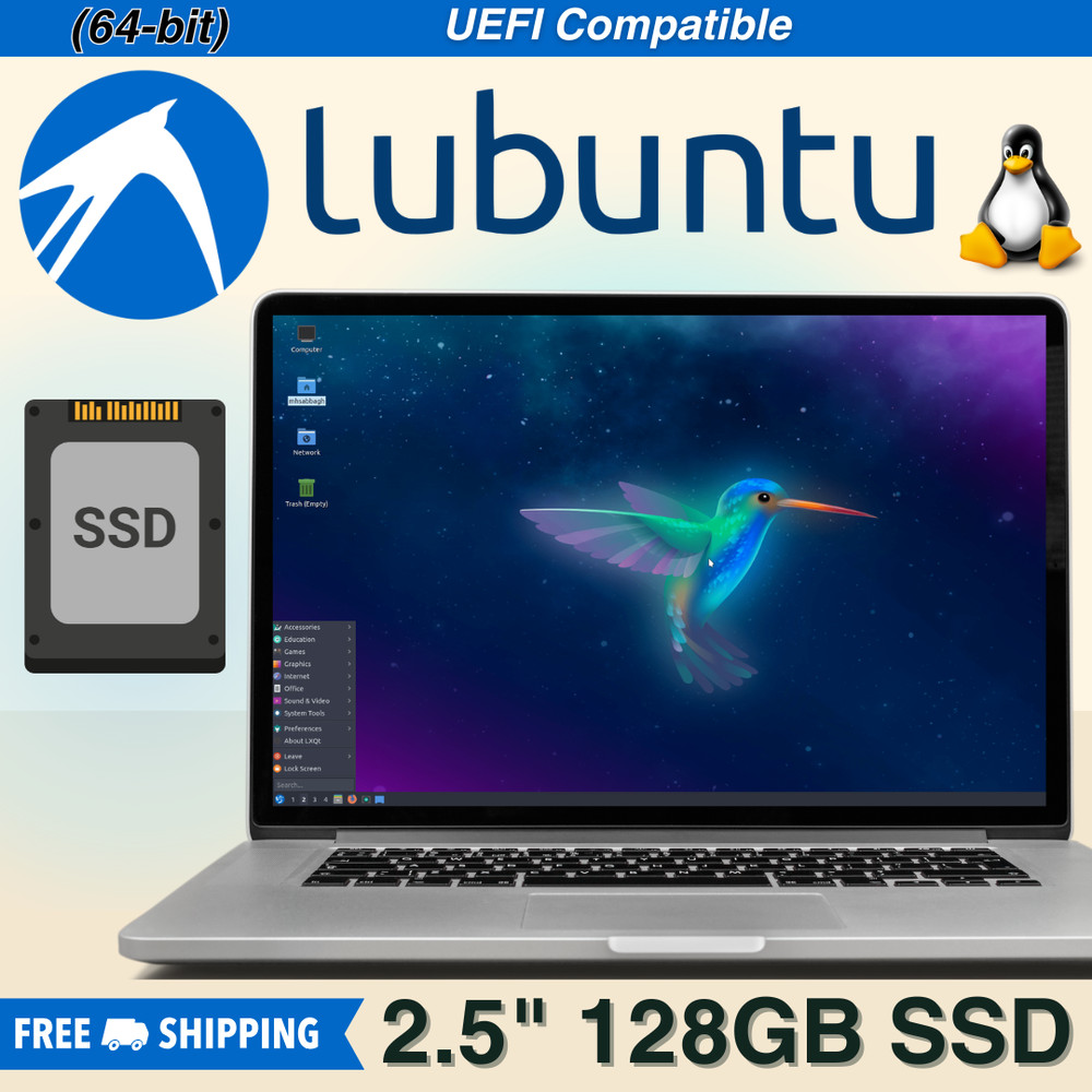 Lubuntu 64-Bit 128GB 2.5" SSD | Lightweight Linux OS | Latest Version | UEFI
