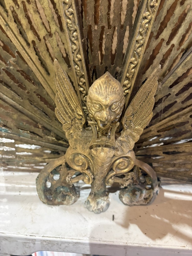 Vintage Brass Peacock Fire Guard Screen - Folding Fan
