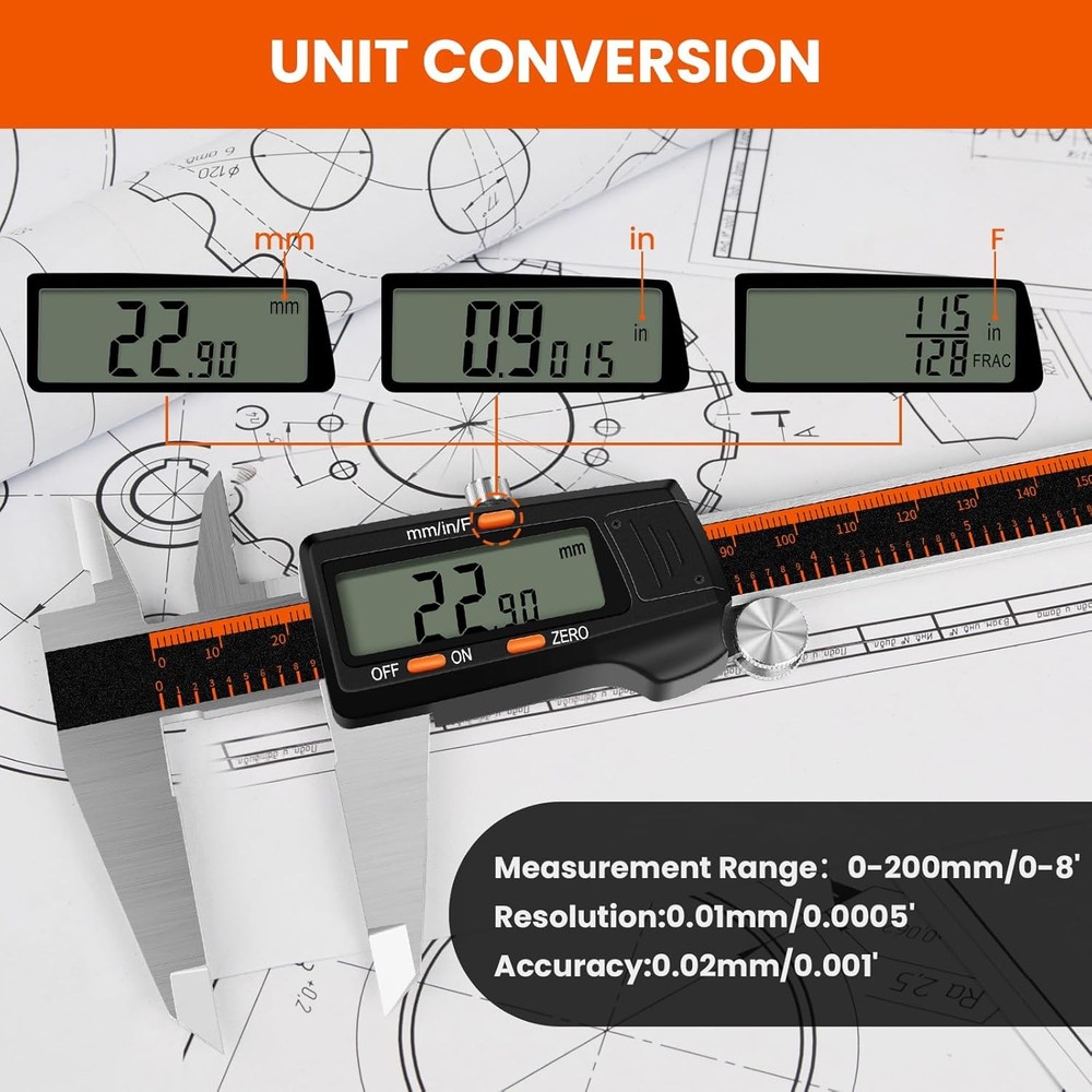 8” Electronic Digital Caliper Extra Large Display 0-8 Inches