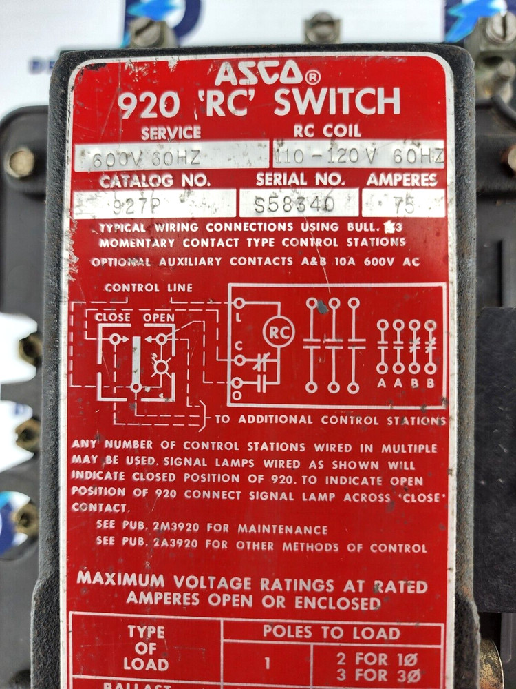 ASCO 927P RC SWITCH 75 AMPS