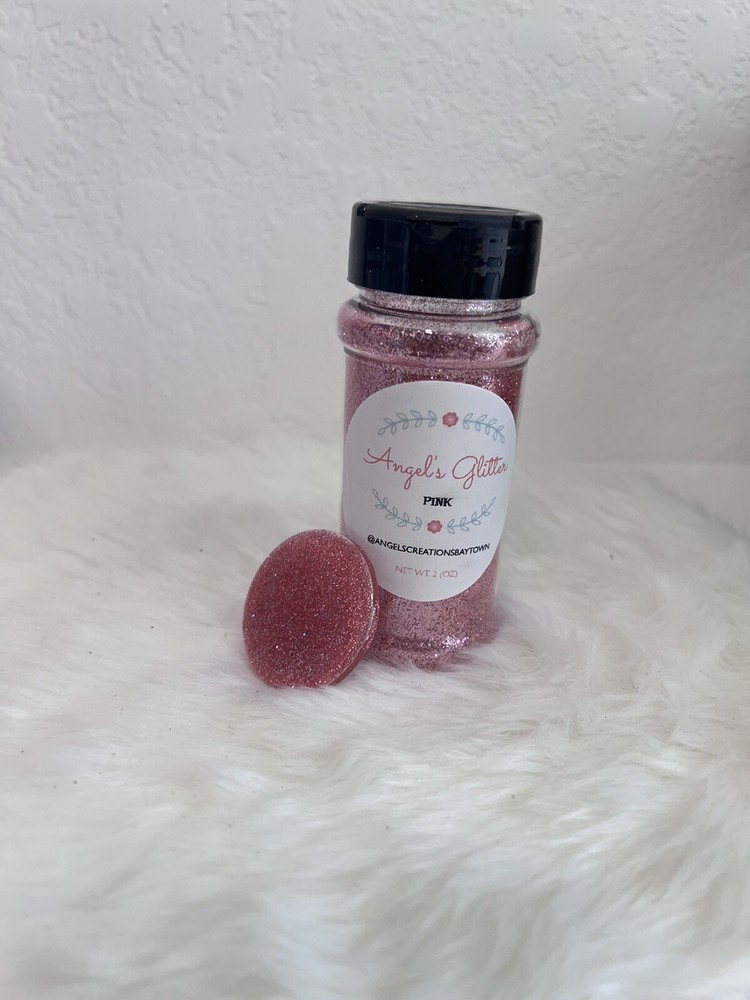 Pink 1/128 Polyester glitter 2 oz in a shaker bottle