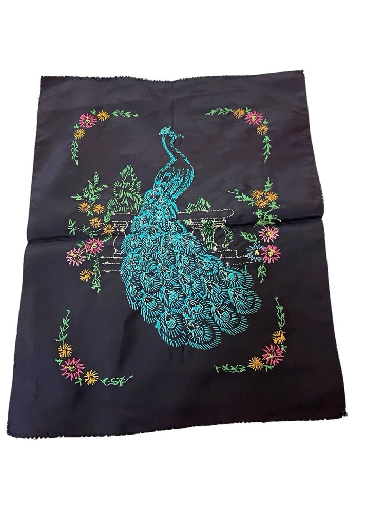 Embroidered Peacock On Black Fabric
