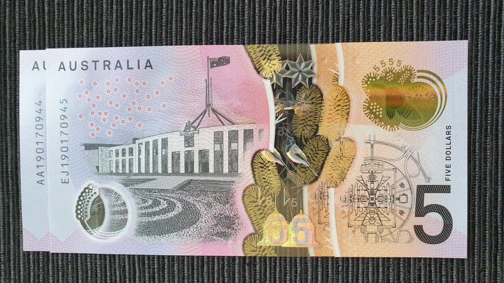 2019 $5 FIRST & LAST PREFIX ALMOST MATCHING AA19 EJ19 x 2 UNC Banknotes 944/945