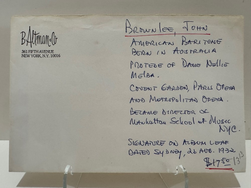 John Brownlee Signed Card with B Altman Envelope 1932 Opera Baritone