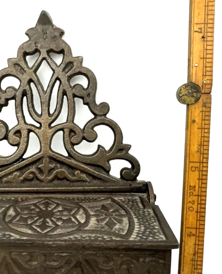 Antique Victorian Cast Iron Wall Mount Match Safe Holder Scroll