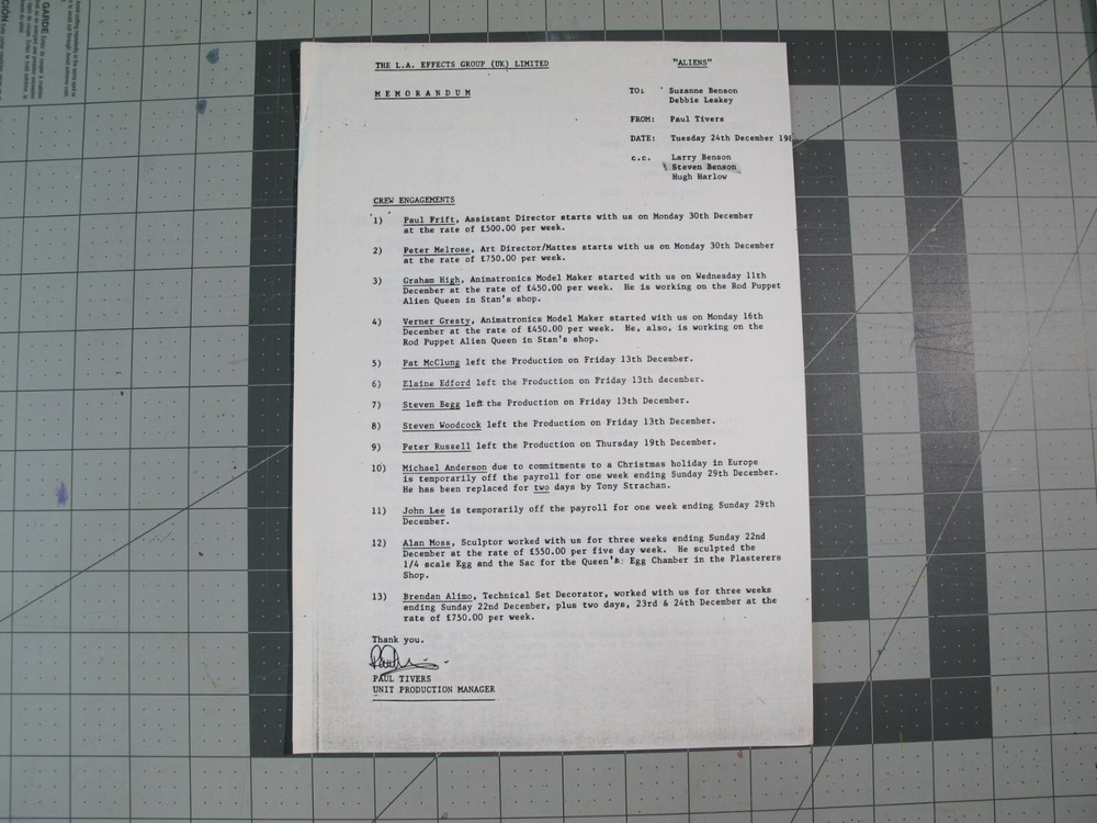 1985 Aliens movie LA Effects special effects production progress crew notes ALI