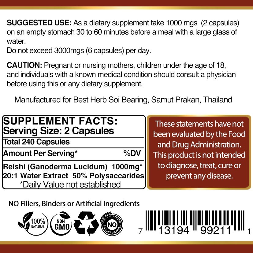 240 ORGANIC CAPSULES REISHI 20:1 EXTRACT MUSHROOM GANODERMA IMMUNE SYSTEM BOOST