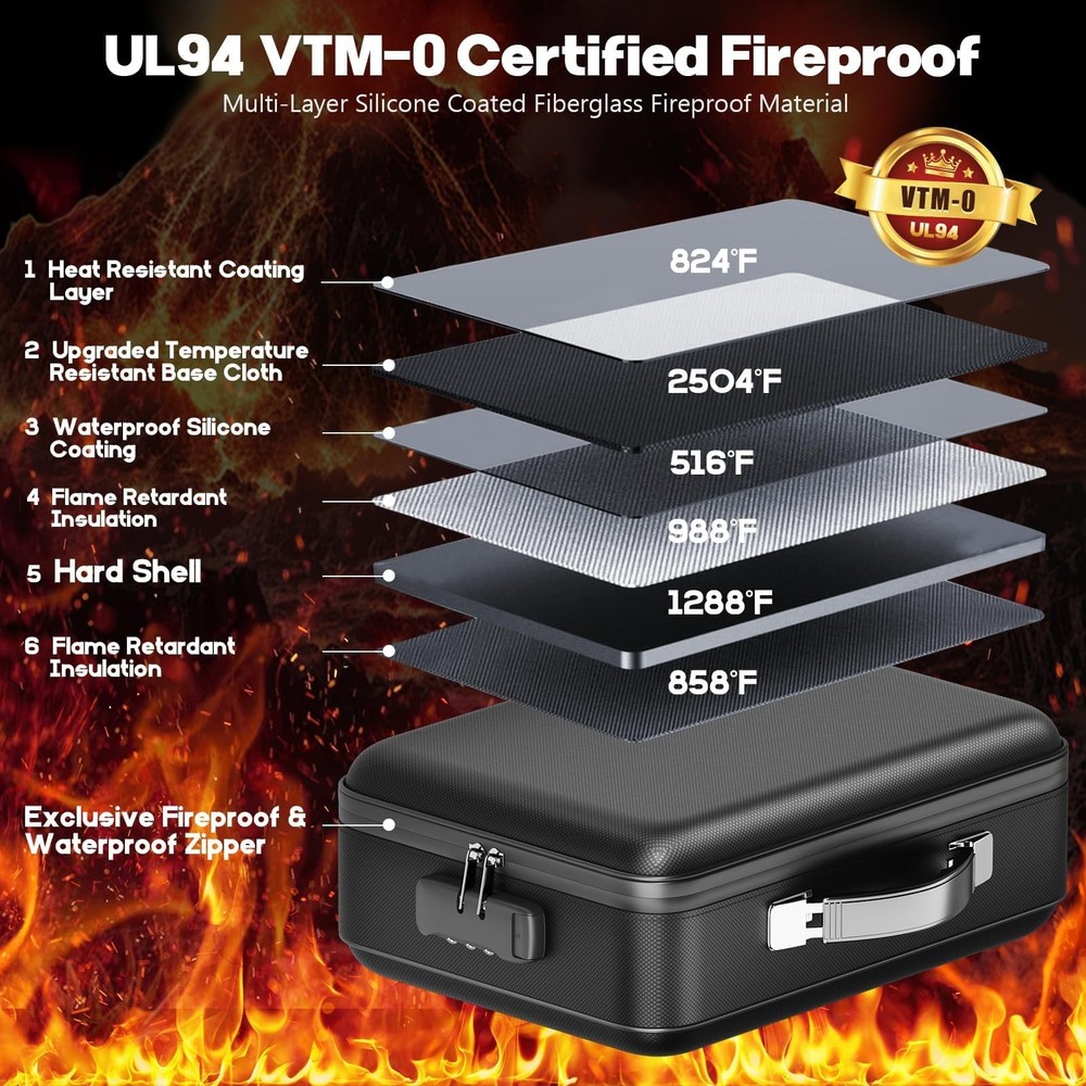 BigPonPon Fireproof Document Box, Hard Case Highly Flame-Resistant M, Black