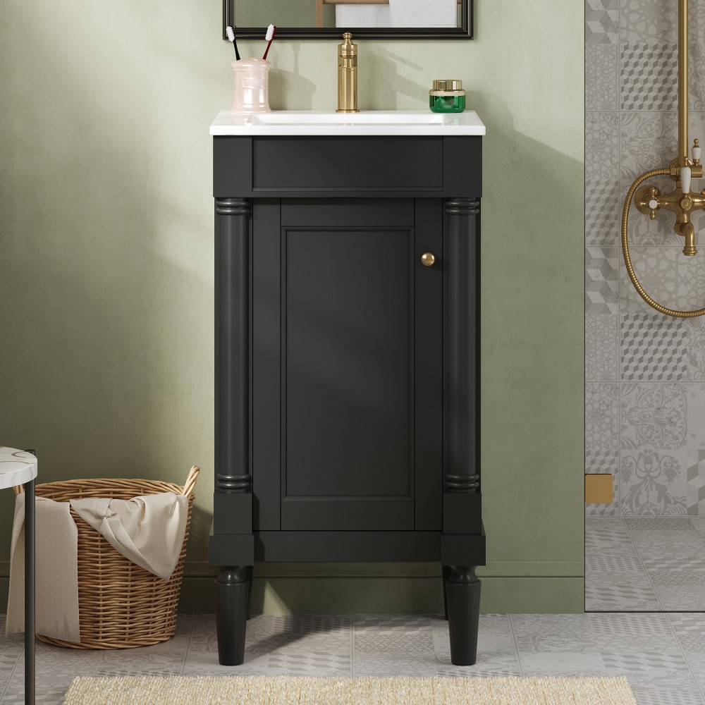 French Bathroom Vanity with Ceramic Sink & Soft-Closing Doors, Black