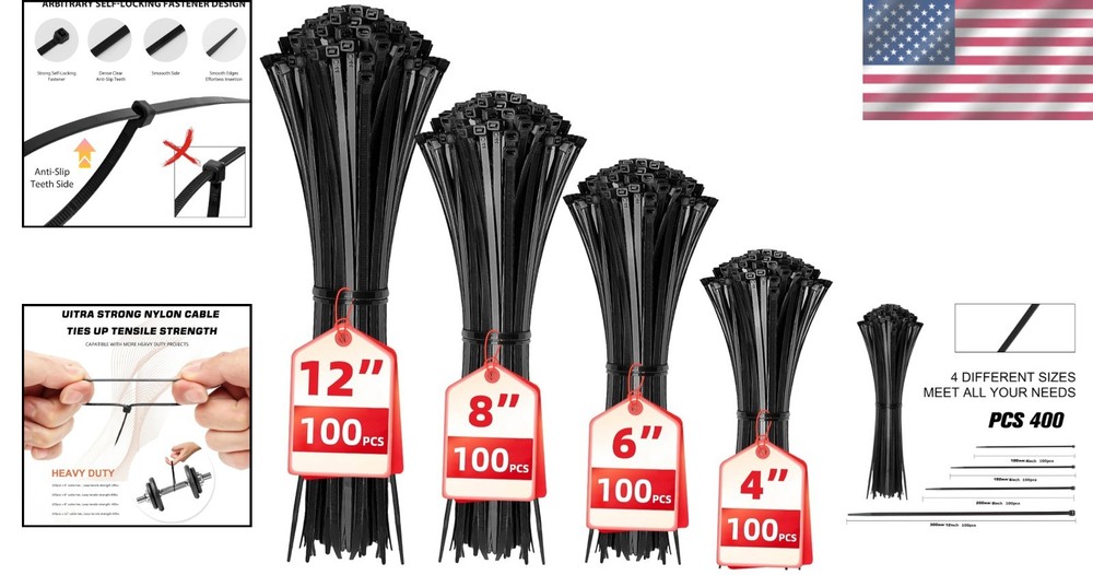 Heavy-Duty 400 Pack Zip Ties - Self-Locking Nylon for Ultimate Cable Management