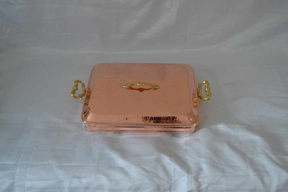 Copper Rectangular Hammered Serving Pot with Brass Handles and Lid Roaster Pan