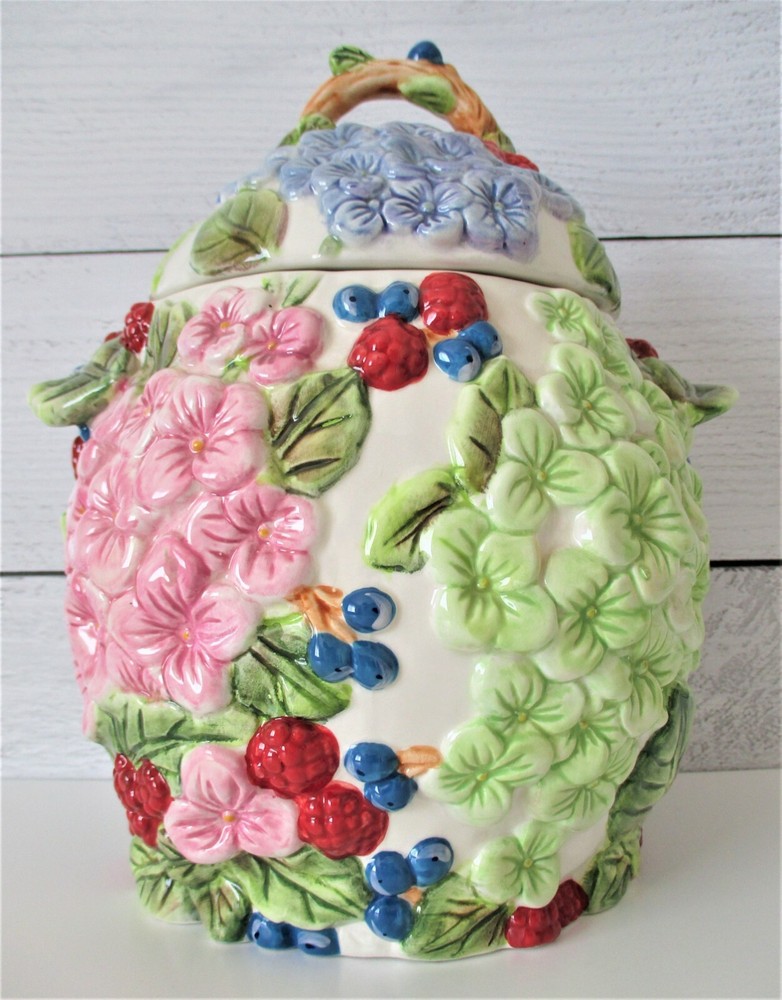 Flowers & Berries Cookie Jar Hydrangeas Blueberries Raspberries