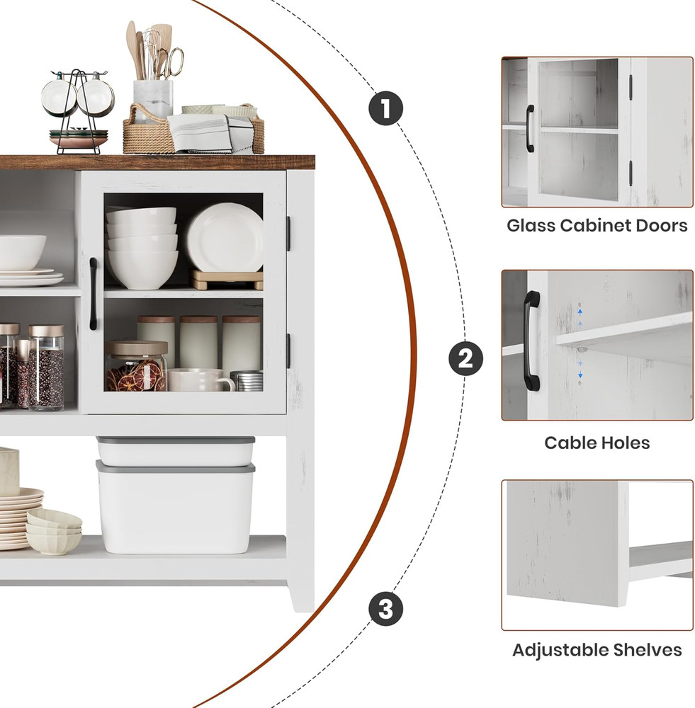 53" Modern Kitchen Buffet Sideboard Cabinet with Glass Doors - White