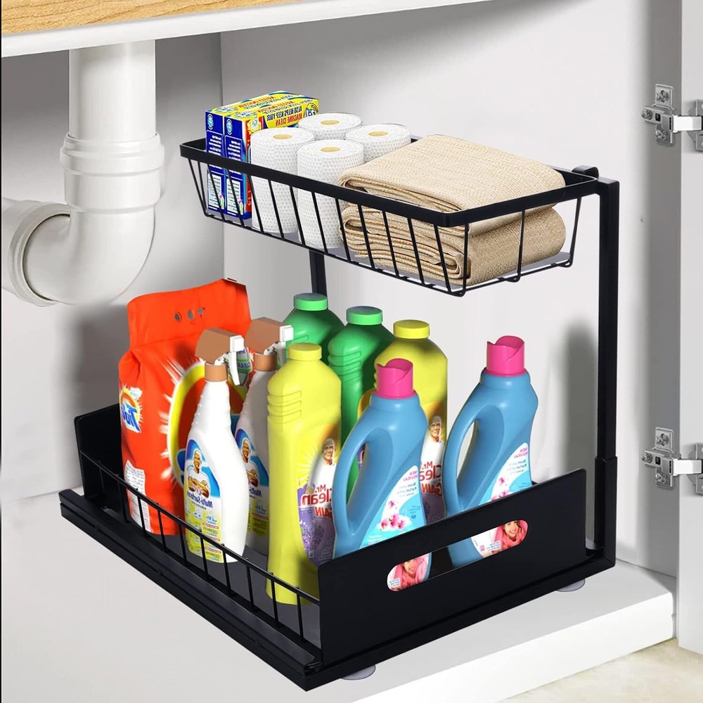 Sliding Under Sink Organizers and Storage for Kitchen Bathroom L-Shaped 2-Tier