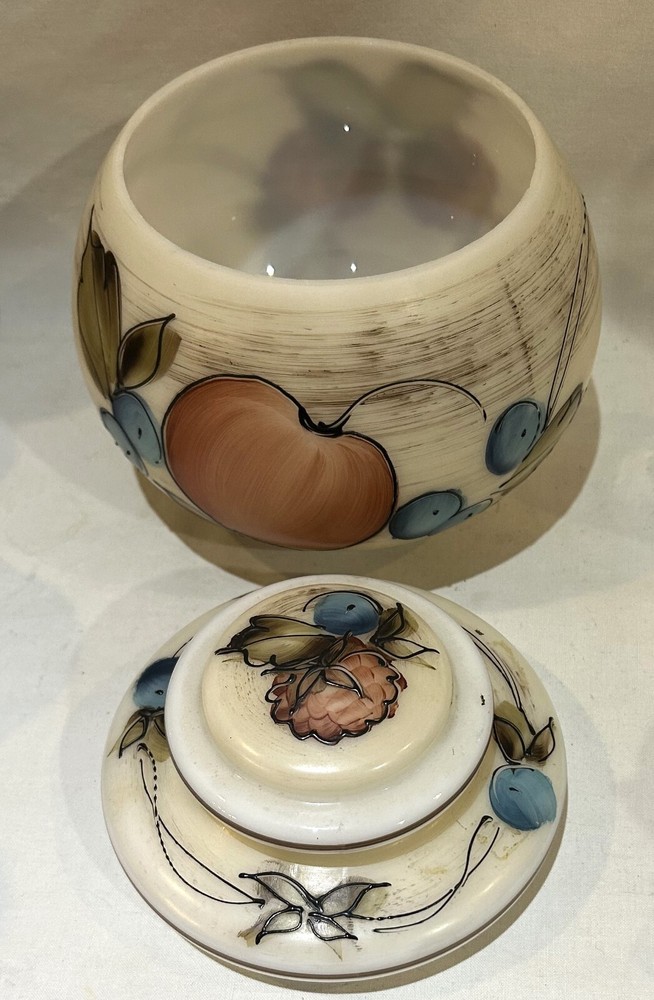 L G Wright Glass Jar Lidded Hand Painted Fruit 6.25" Vintage