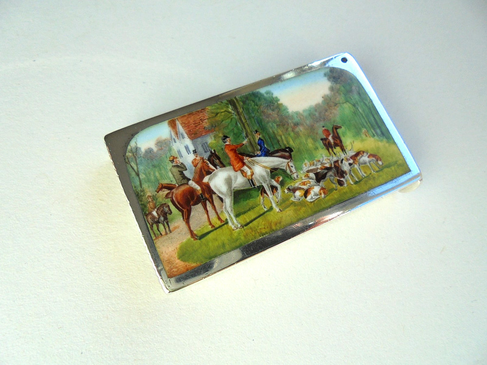 Silver & Enamel Vesta Case Fox Hunting Scene 1899