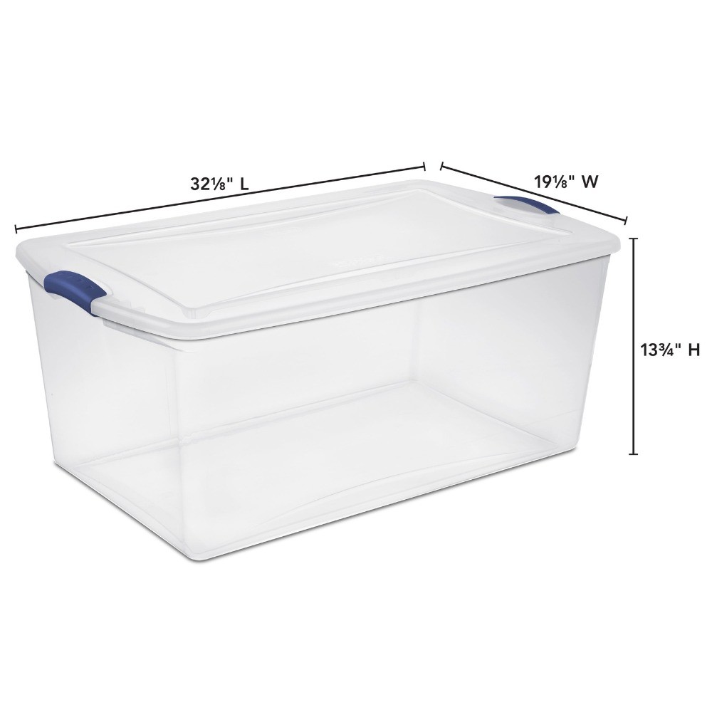 105 Quart Latch Box, Clear Plastic Storage Bin with Clear Lid, Blue Latch