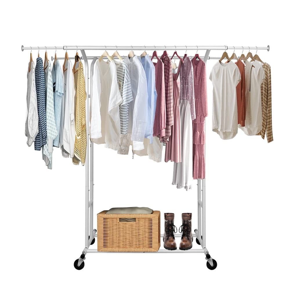 White Double Rod Garment Rack for Hanging Clothes, Rolling Clothes Organizer ...