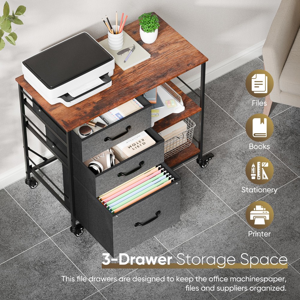 3 Drawer Mobile File Cabinet Rolling Printer Stand w/ Storage Shelf Dark Gray