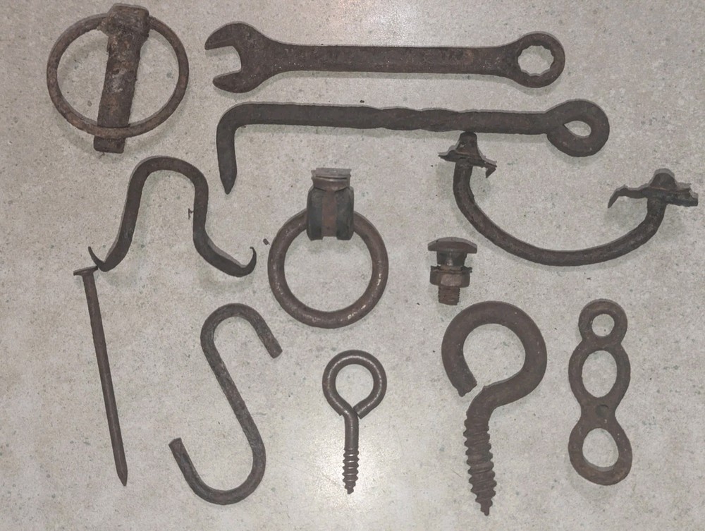 Lot Of 11 Rusty Old Hardware Pcs,Wrench,Hook,Loop,Ring, Handle,Latch,Primitive
