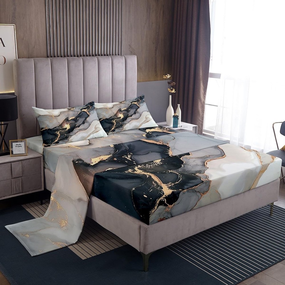 Black Marble Sheet Set - White Gray Gold Marble Bed Sheets Sets - Luxury Soft...