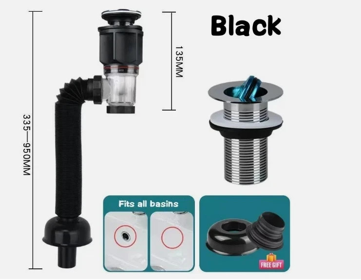 Black Universal Sink Drain Pipe Set Retractable Deodorant Sewer Drainage Water