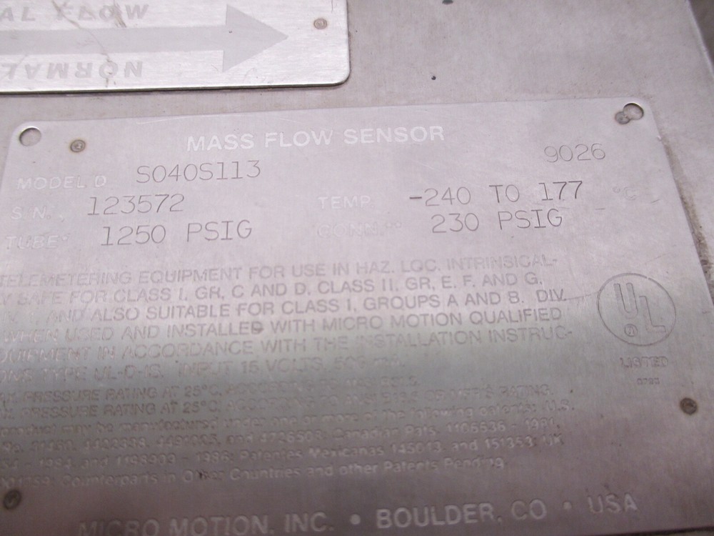 Micro Motion DS040S113 1/2" Mass Flow Sensor Meter Type 3 Missing Transmitter