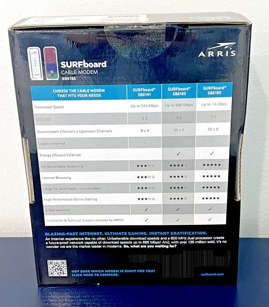 Arris Surfboard SB6183 Cable Modem - 686 MBPS - 16x4 DOCSIS 3.0 Certified