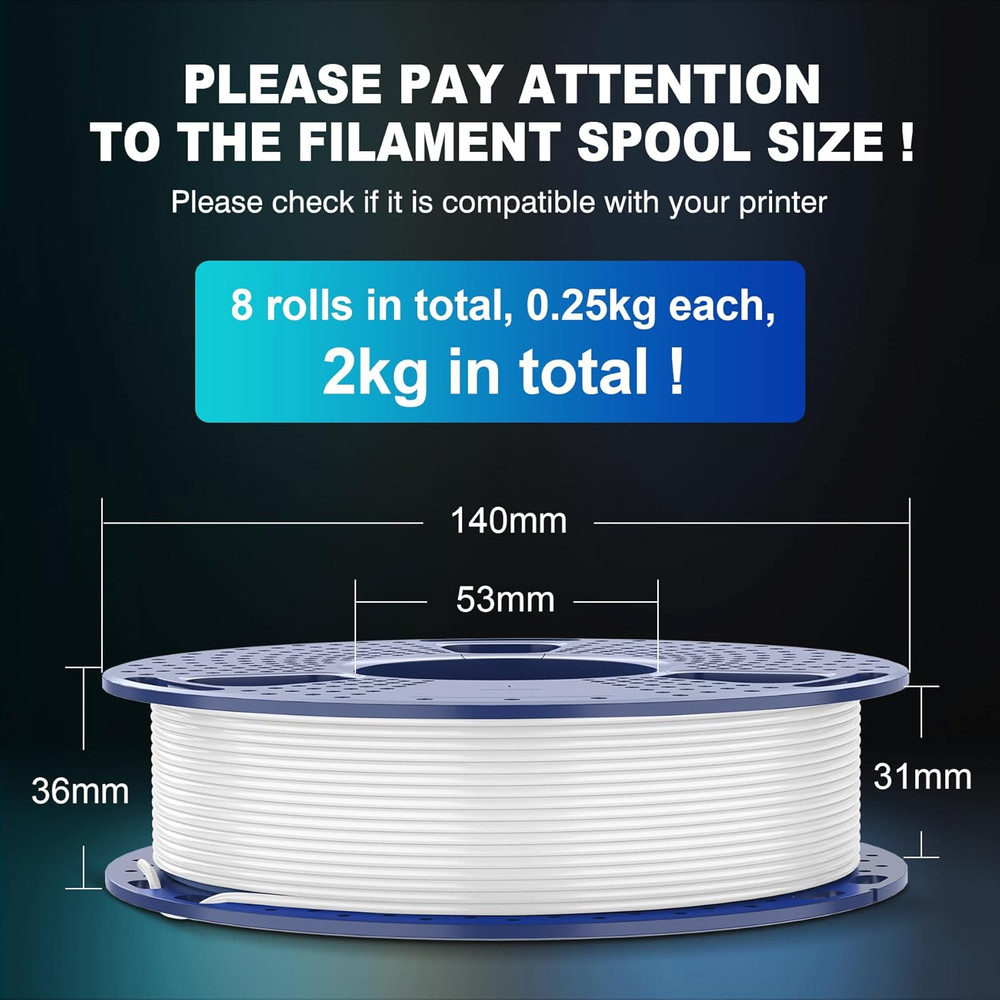 PLA 3D Printer Filament Bundle 1.75mm 8 Pack 2kg Total Vacuum Sealed