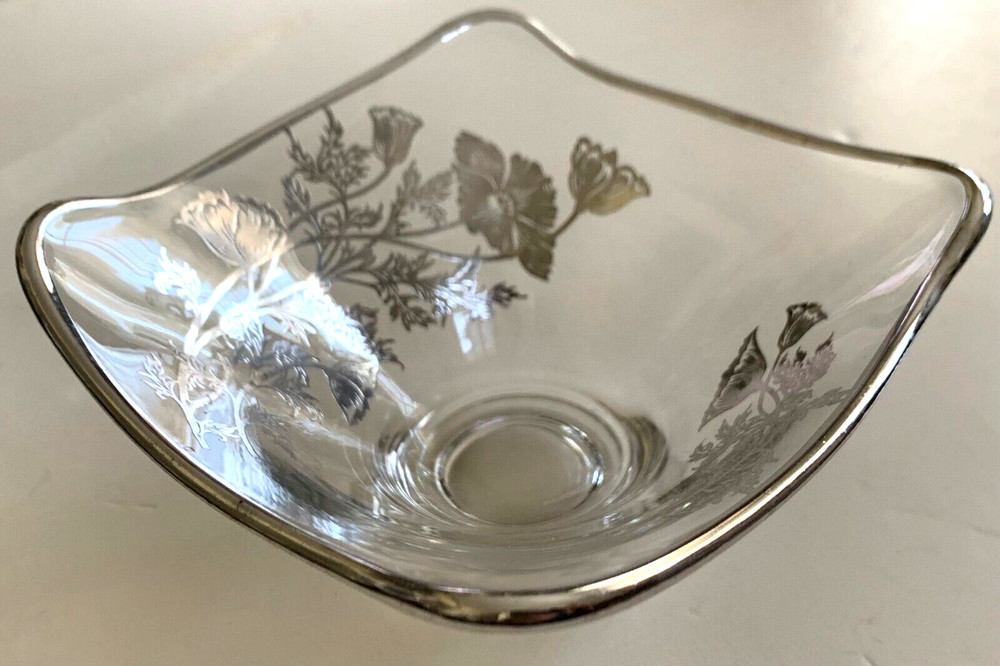 SILVER OVERLAY GLASS CANDY DISH VINTAGE